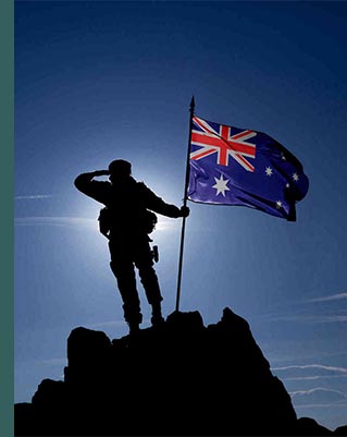 Silhouette of a soldier saluting beside the Australian flag