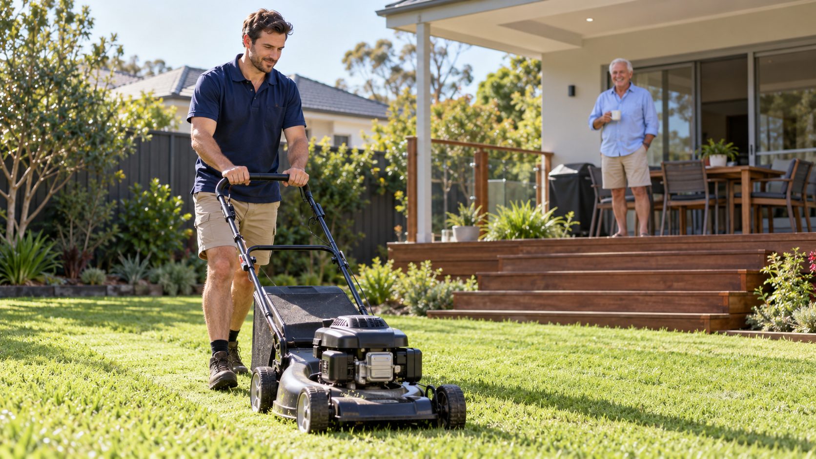 Gardener mowing a back lawn while the homeowner watches from the deck