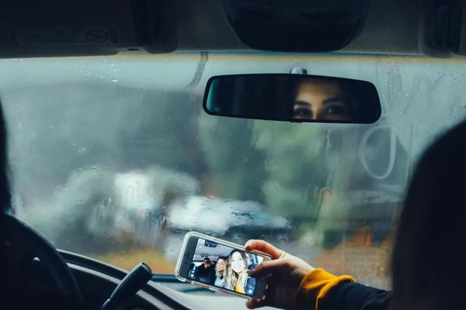 A driver’s view through a rainy windscreen