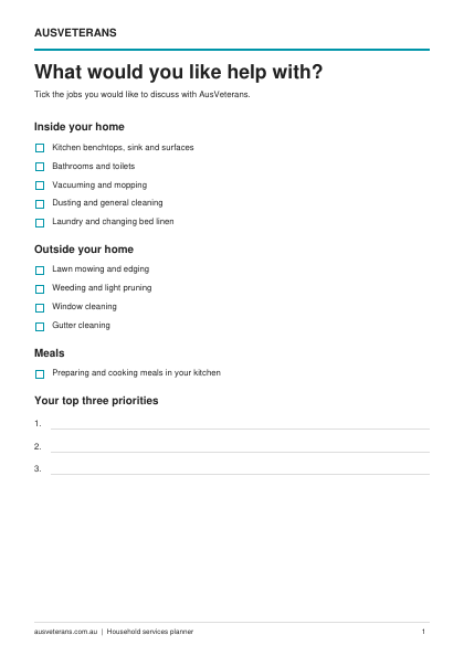 Preview of the AusVeterans household services planner